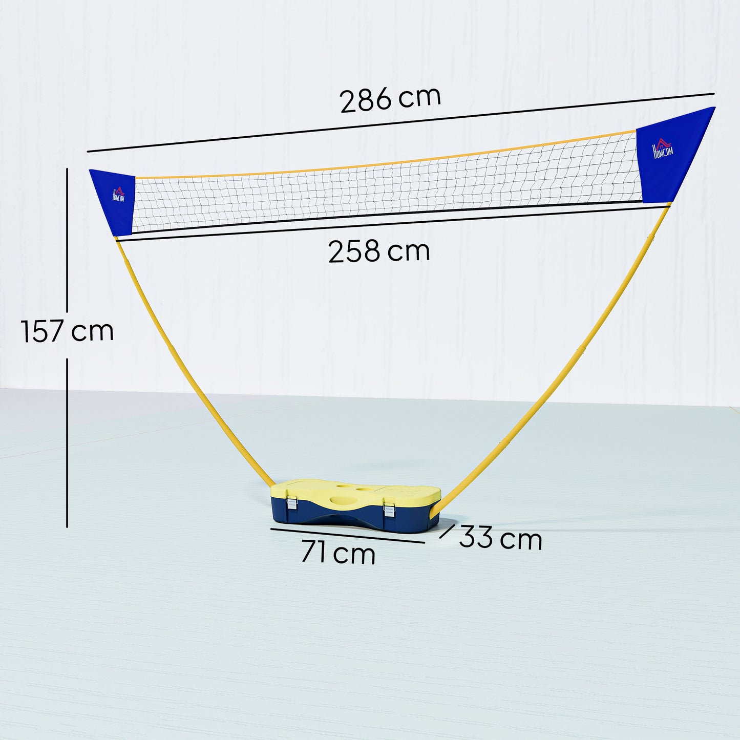 HOMCOM Badminton Netz mit Stand, Badminton-Netzständer, tragbarer Netzständer, Badmintonnetz mit 4 Badminton-Schlägern, Outdoor-Sport, Gelb+Blau, 286 x 33 x 157 cm