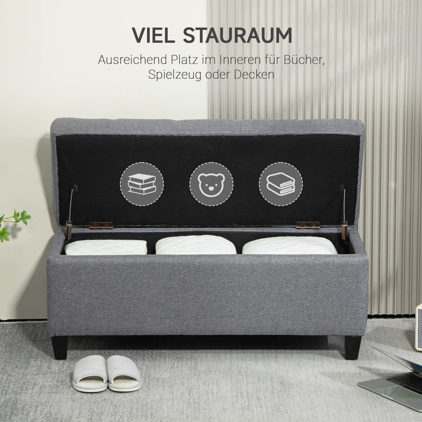 HOMCOM Sitzbank، Polsterbank mit Stauraum، leinenartiges البوليستر، Kautschukholz، 100 × 40 × 44 سم، Hellgrau