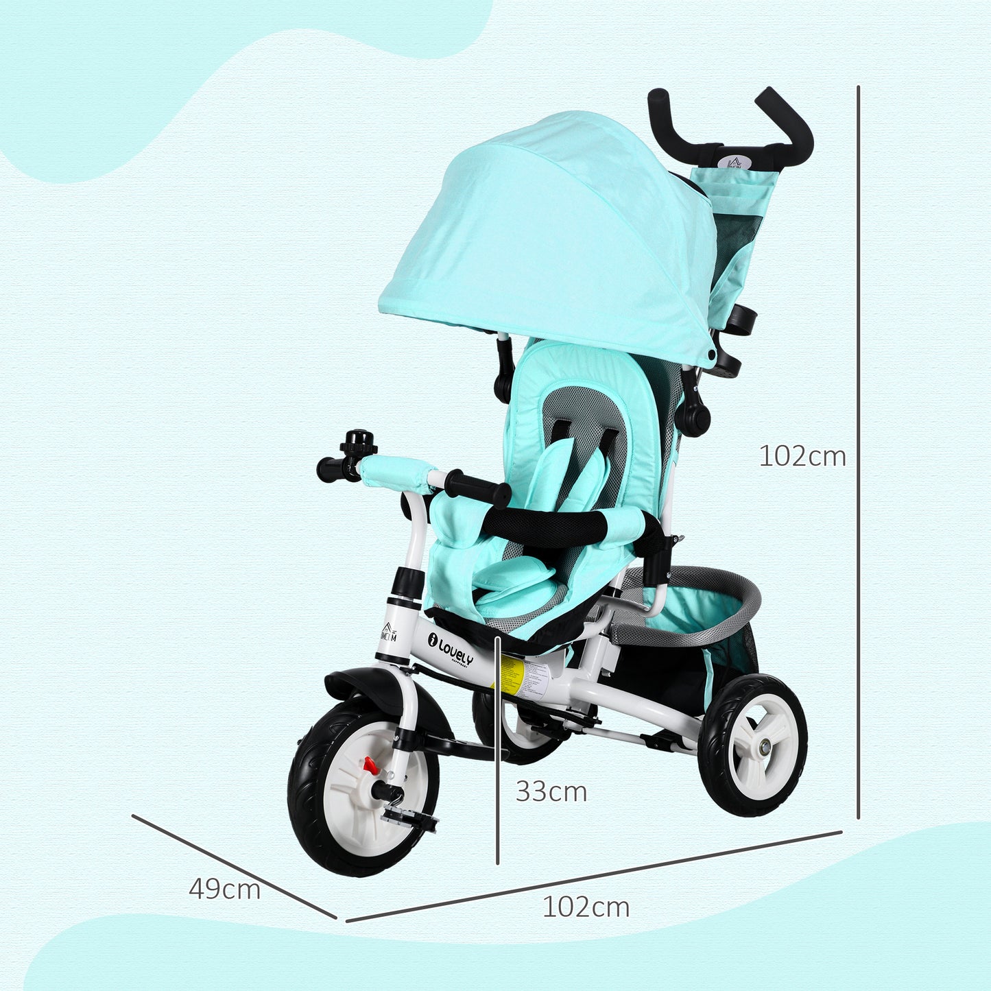 HOMCOM Kinder-Dreirad, Kinderfahrrad, Rückenkorb, Becherhalter, Sonnendach, Metall, Grün