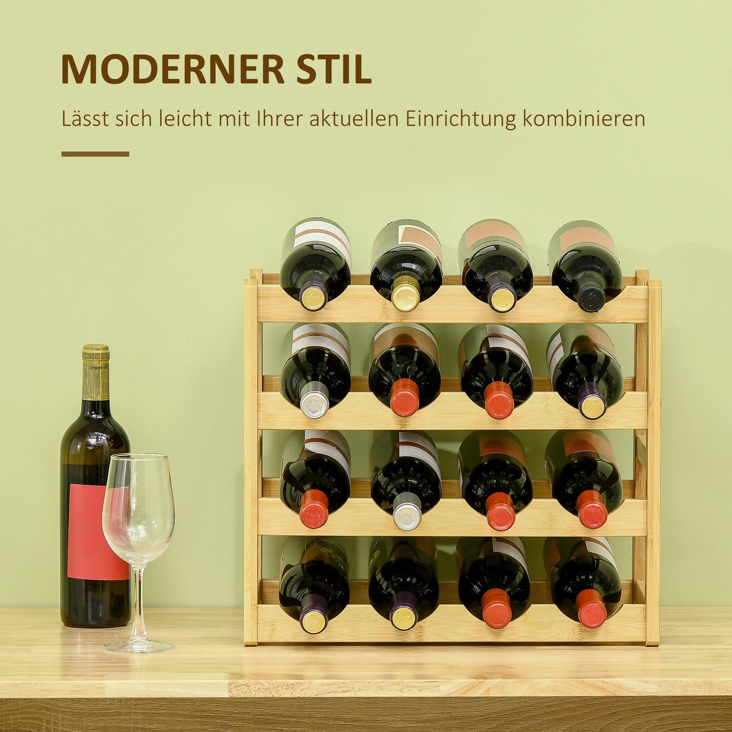 HOMCOM Weinregal aus Bambus für 16 Weinflaschen, 4 Regale, 43 cm x 23,5 cm x 38 cm Natur