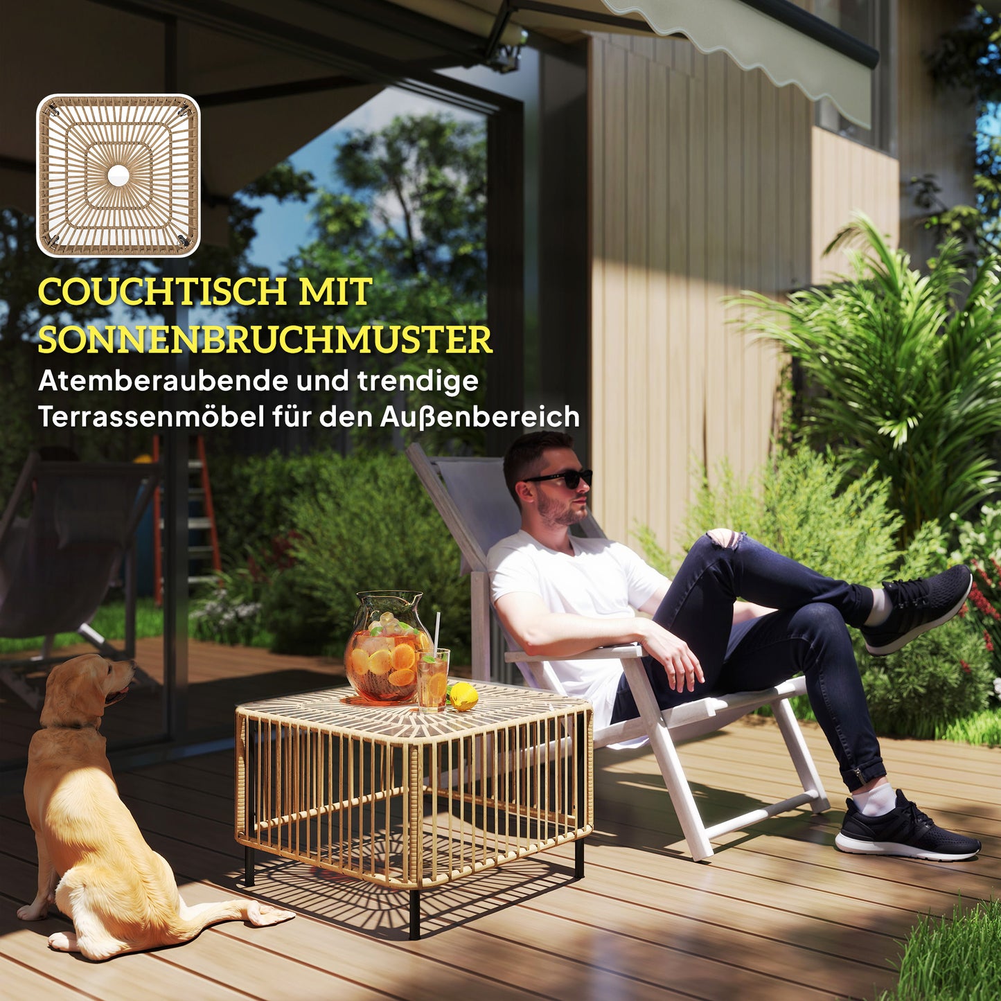 Outsunny Polyrattan Gartentisch, 65 x 65 x 43 cm, wetterfest Beistelltisch quadrarisch mit Glasplatte Naturholz