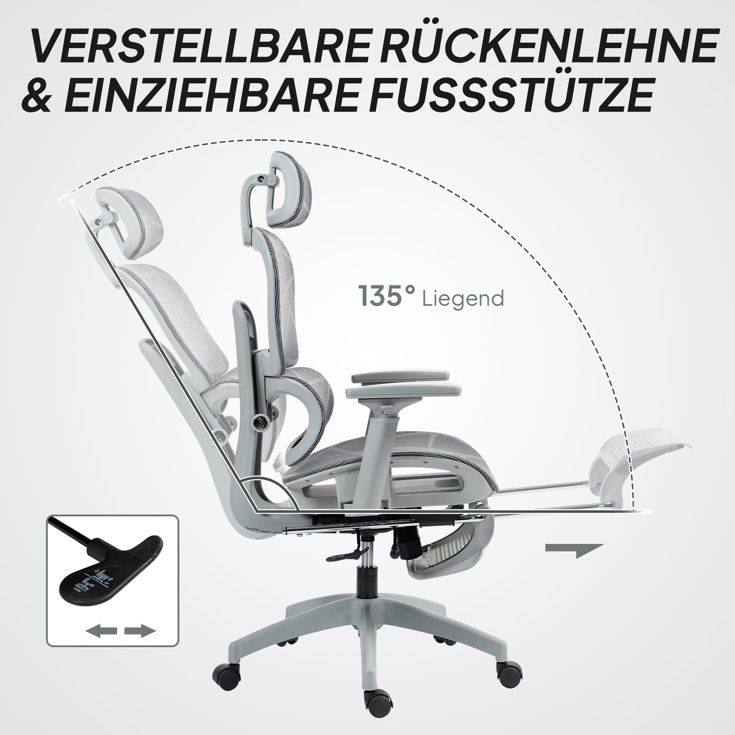 HOMCOM Bürostuhl، Ergonomischer Schreibtischstuhl mit Netzstoffbezug، verstellbar، rollbar، mit Armlehnen، Kopfstütze، Grau