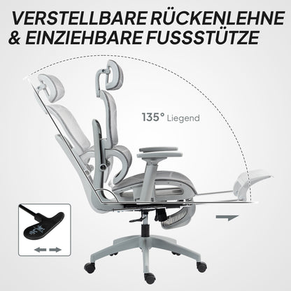 HOMCOM Bürostuhl، Ergonomischer Schreibtischstuhl mit Netzstoffbezug، verstellbar، rollbar، mit Armlehnen، Kopfstütze، Grau