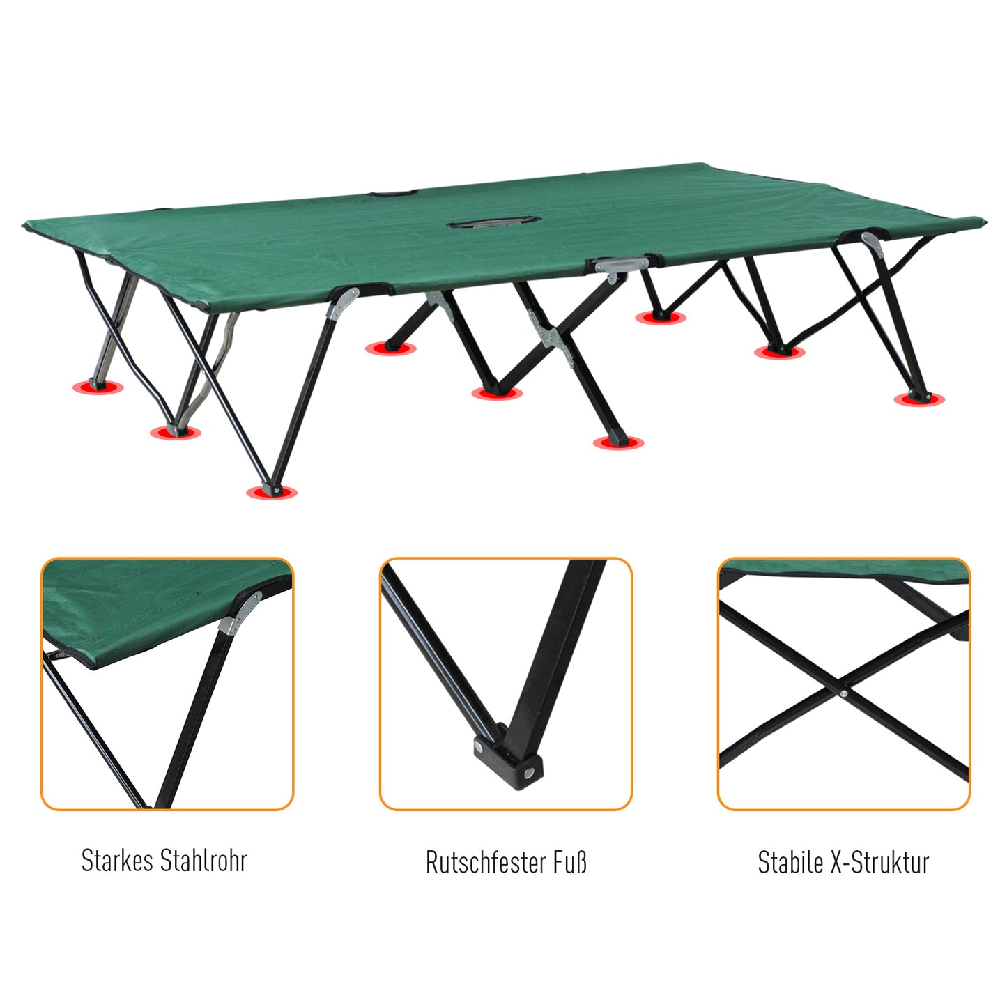 Outsunny Campingbett Klappbar für 2 Personen Feldbett Klappbett mit Tragetasche bis 136 kg belastbar Stahl Oxford Grün+Schwarz 193 x 125 x 40 cm