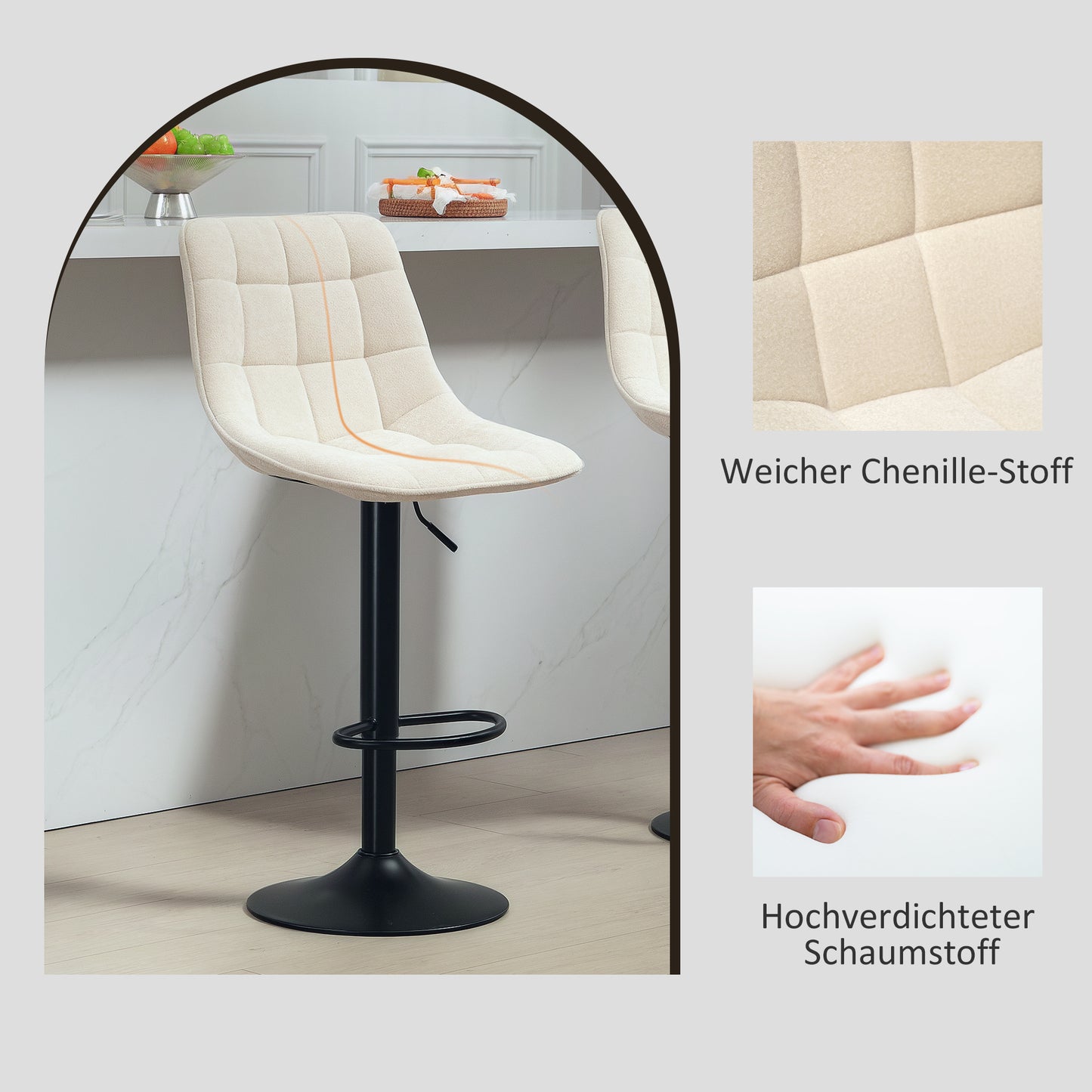 HOMCOM Moderner Barhocker, 2er-Set drehbare Barstühle mit Rückenlehne, höhenverstellbar, mit Fußstütze, gepolstert, بيج