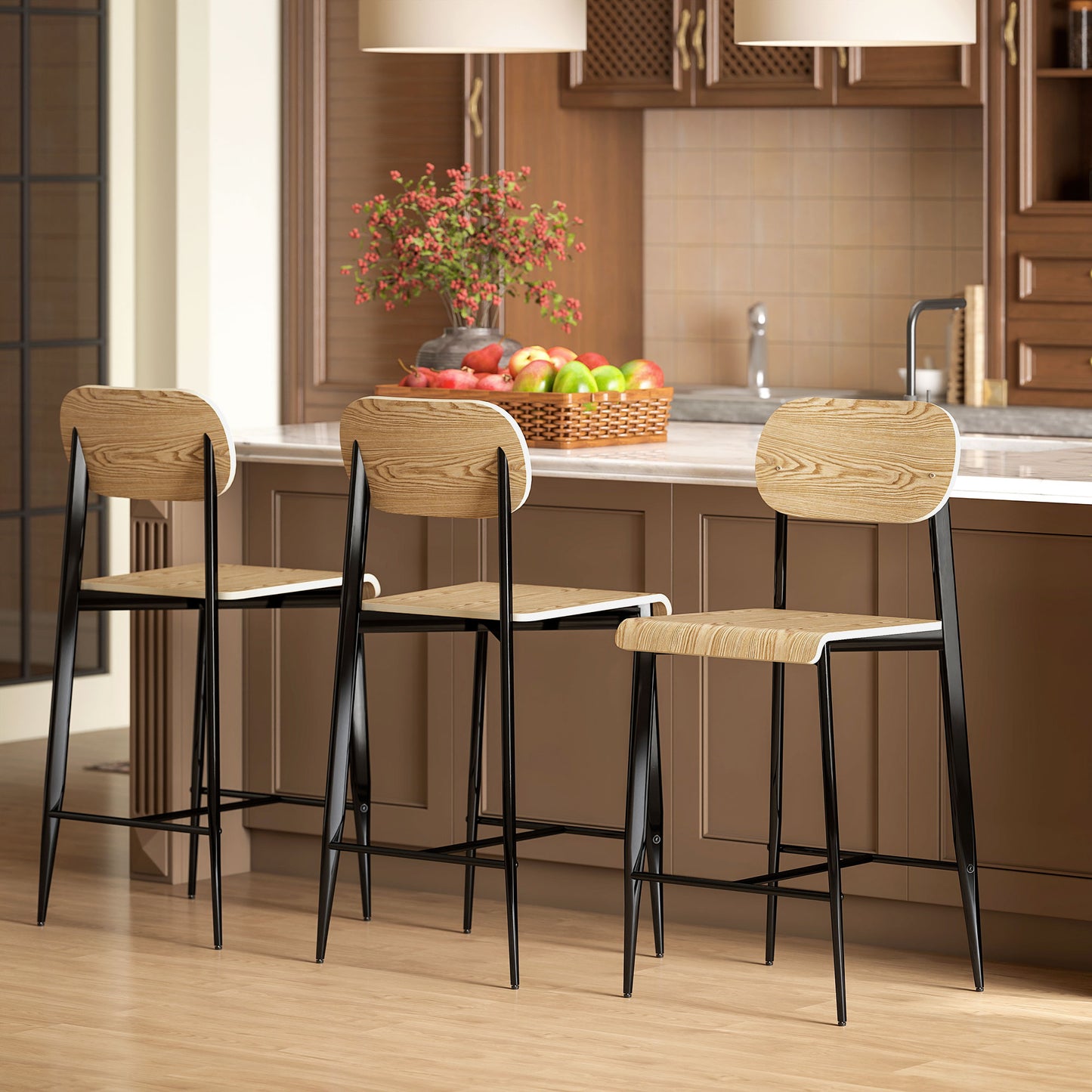 HOMCOM 2er-Set Barhocker, Barstühle mit Rückenlehne und Metallgestell, Holz, Hellbraun