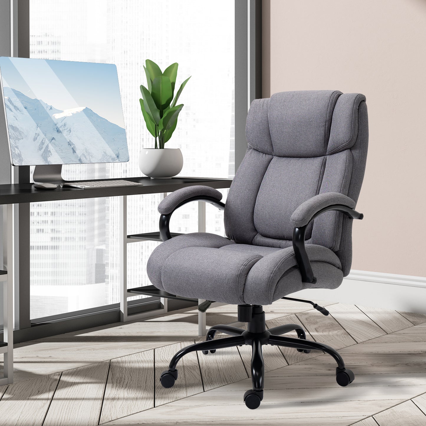 Vinsetto Bürostuhl, Ergonomischer Chefsessel bis 220 kg belastbar, Gepolsterter Schreibtischstuhl mit Armlehne, breit Sitz, Höhenverstellbarer Drehstuhl mit Wippfunktion, Leinenoptik, Hellgrau