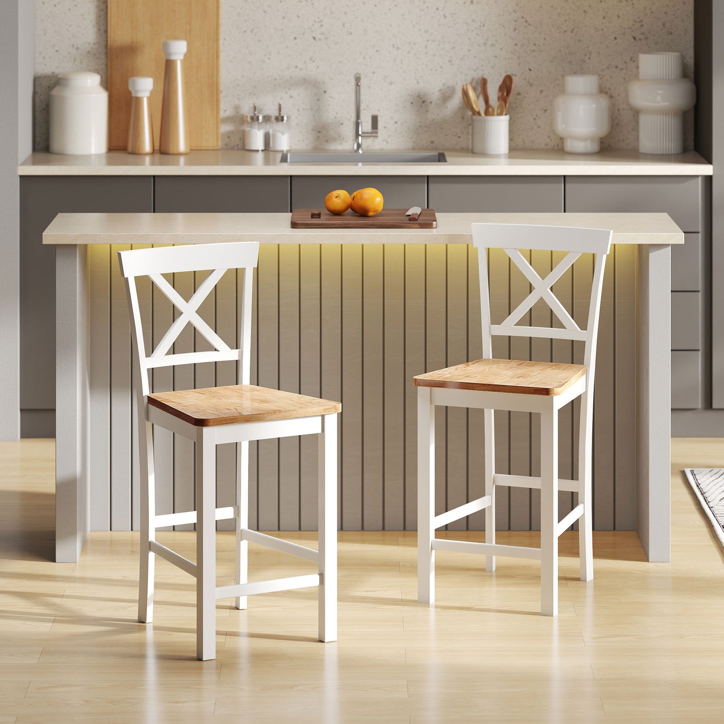 HOMCOM 2er-Set Barstühle mit Rückenlehne und Fußstütze, Kautschukholz, für Küche, Esszimmer, Bar, Eiche+Weiß