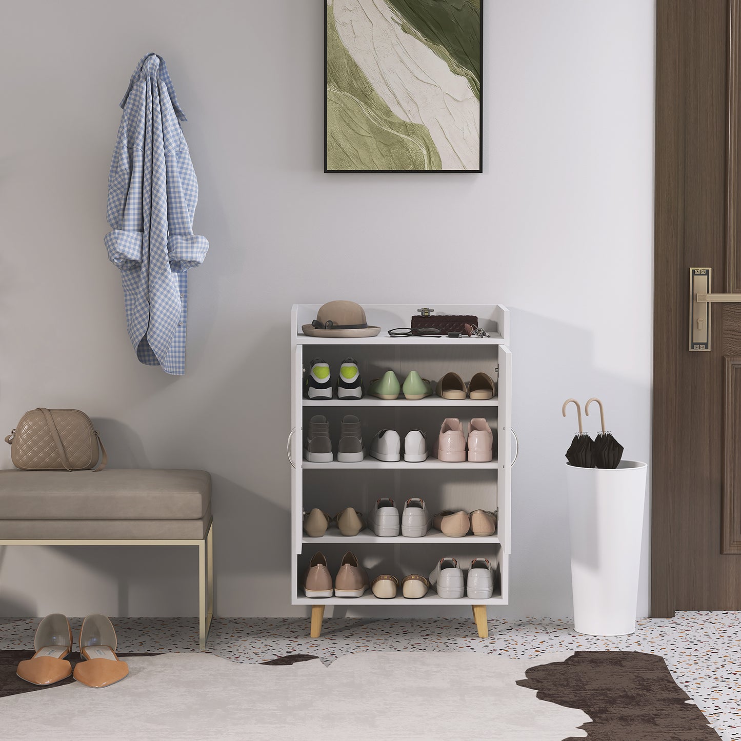 HOMCOM Schuhschrank, Schuhregal mit Türen und Regalen, für Flur, moderne Schuhkommode, Schuhablagen, 60 x 30 x 92 cm, Weiß