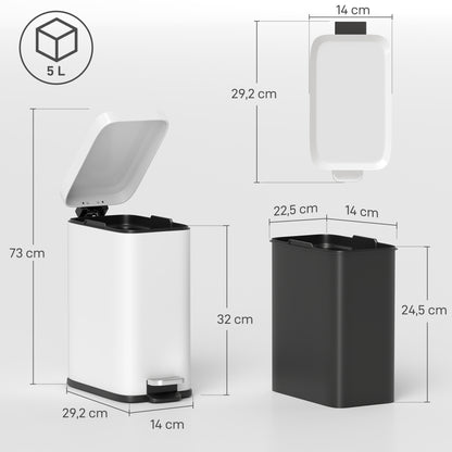 HOMCOM Mülleimer aus Metall, Abfalleimer, 5 L Fassungsvermögen, mit Fußpedal, mit Inneneimer, Weiß