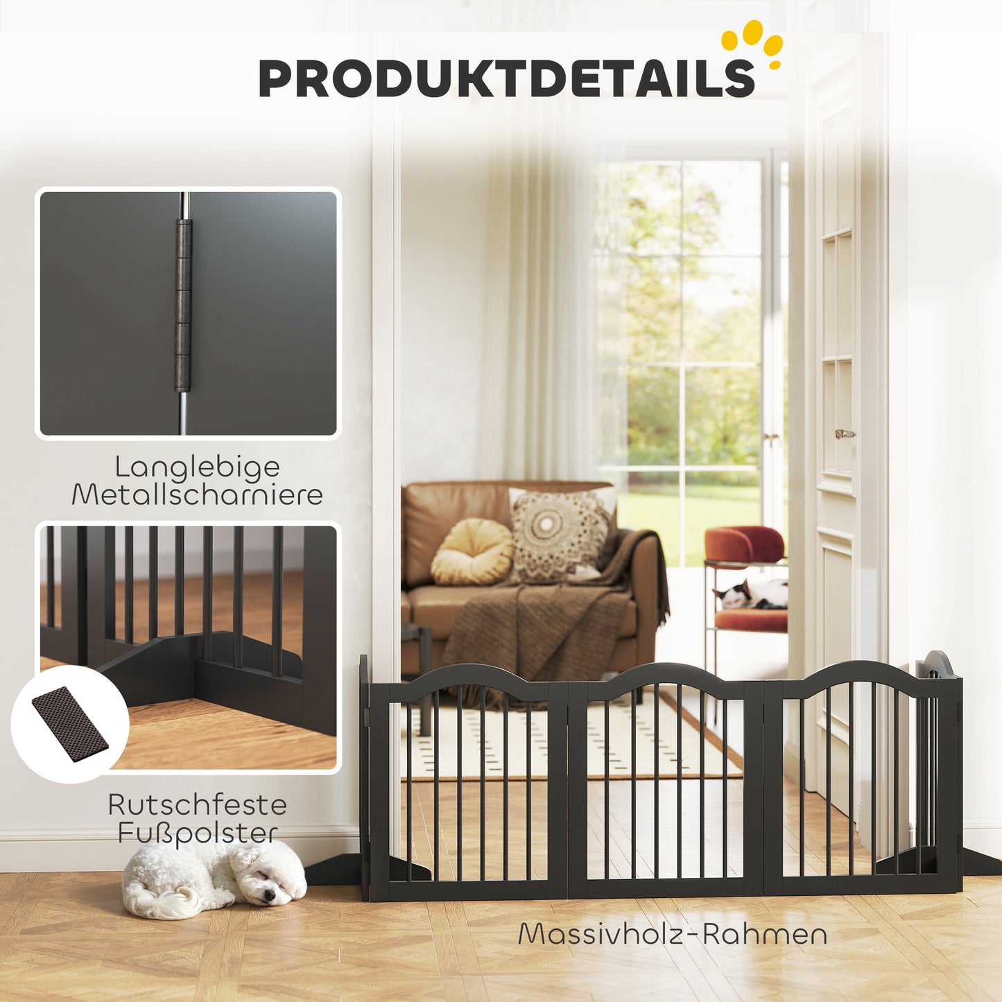 PawHut Absperrgitter Hund Freistehendes Schutzgitter mit Füßen, Klappbar Hundegitter, 5 Paneelen, 261,5 x 29,5 x 61 cm, Schwarz