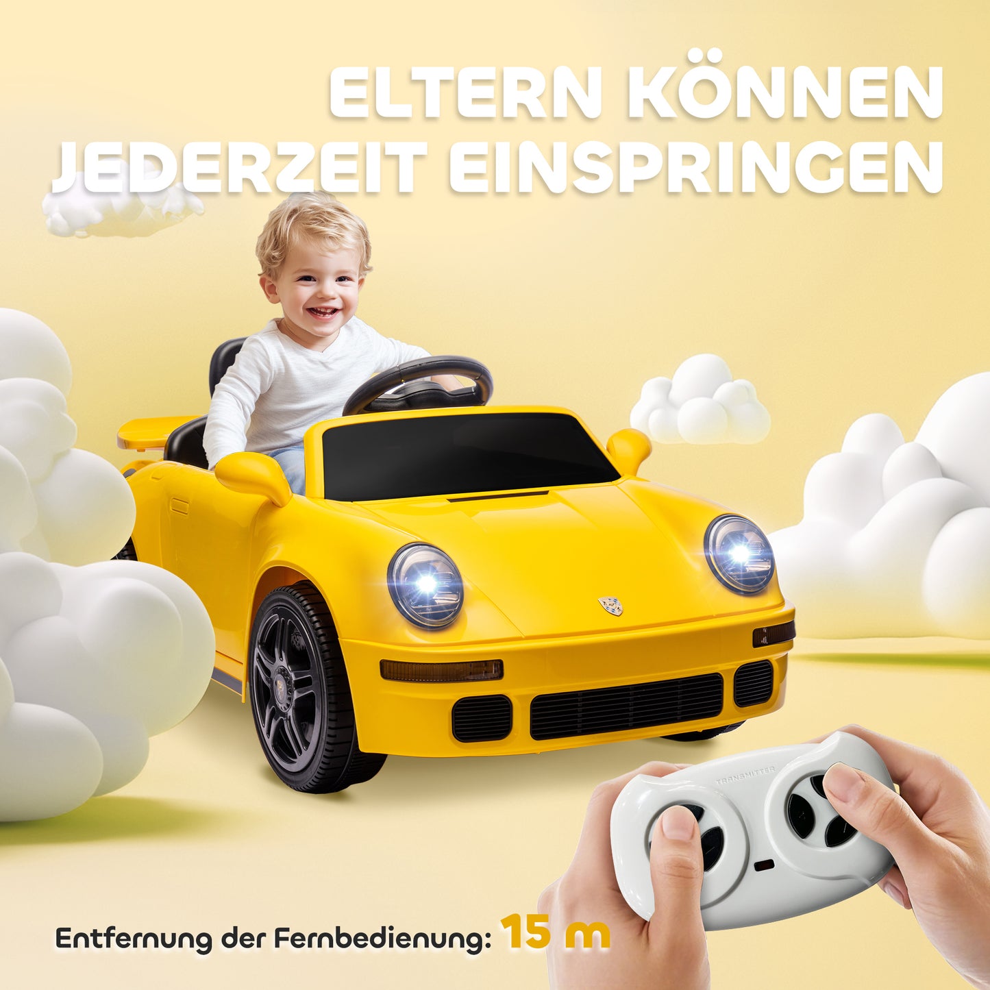 AIYAPLAY Kinder-Elektroauto, 12V Kinderauto mit Fernbedienung, sanfter Start, MP3-Player, LED-Lichter, Hupe, Energieanzeige, Gelb