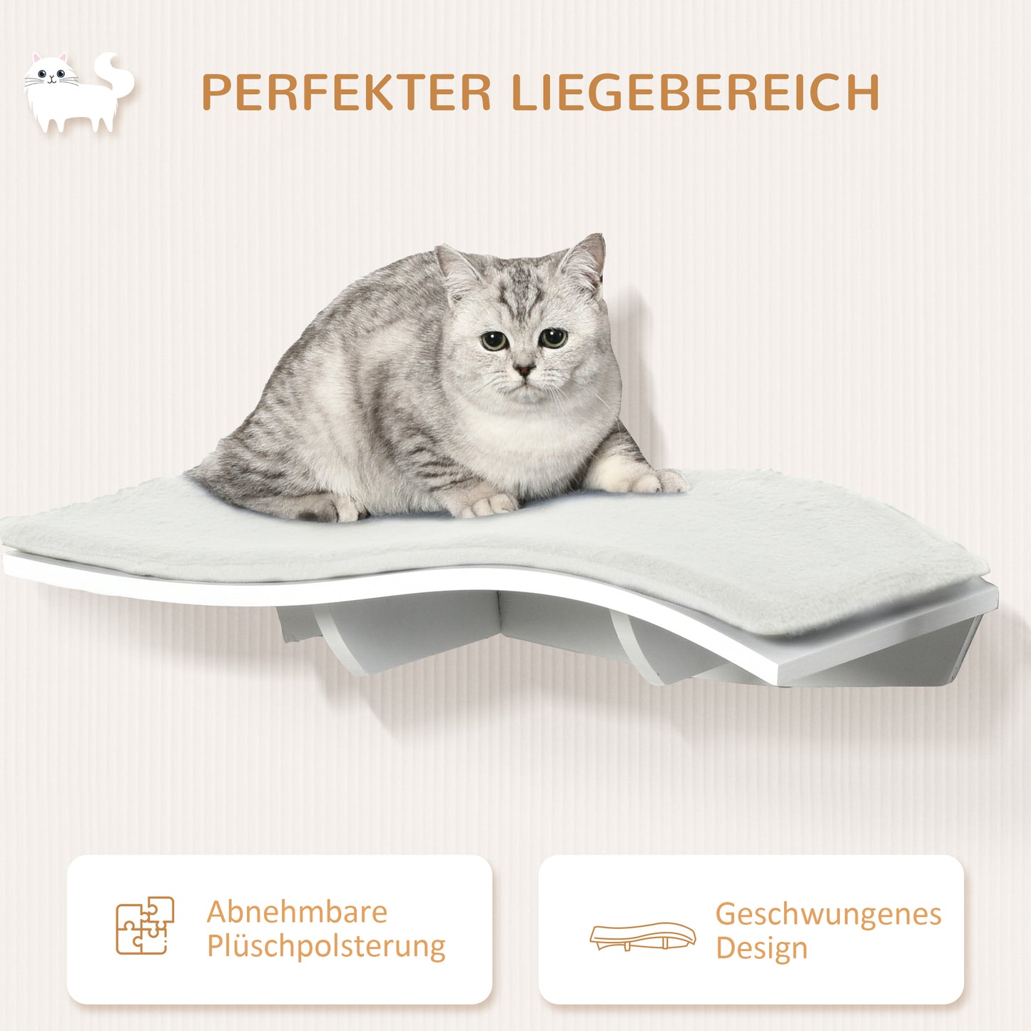 PawHut Katzen Kletterwand Katzenhängematte Katzenbett Wand Katzenregal Wandmontage Katzenmöbel Plüsch MDF Weiß 53 x 28 x 12 cm