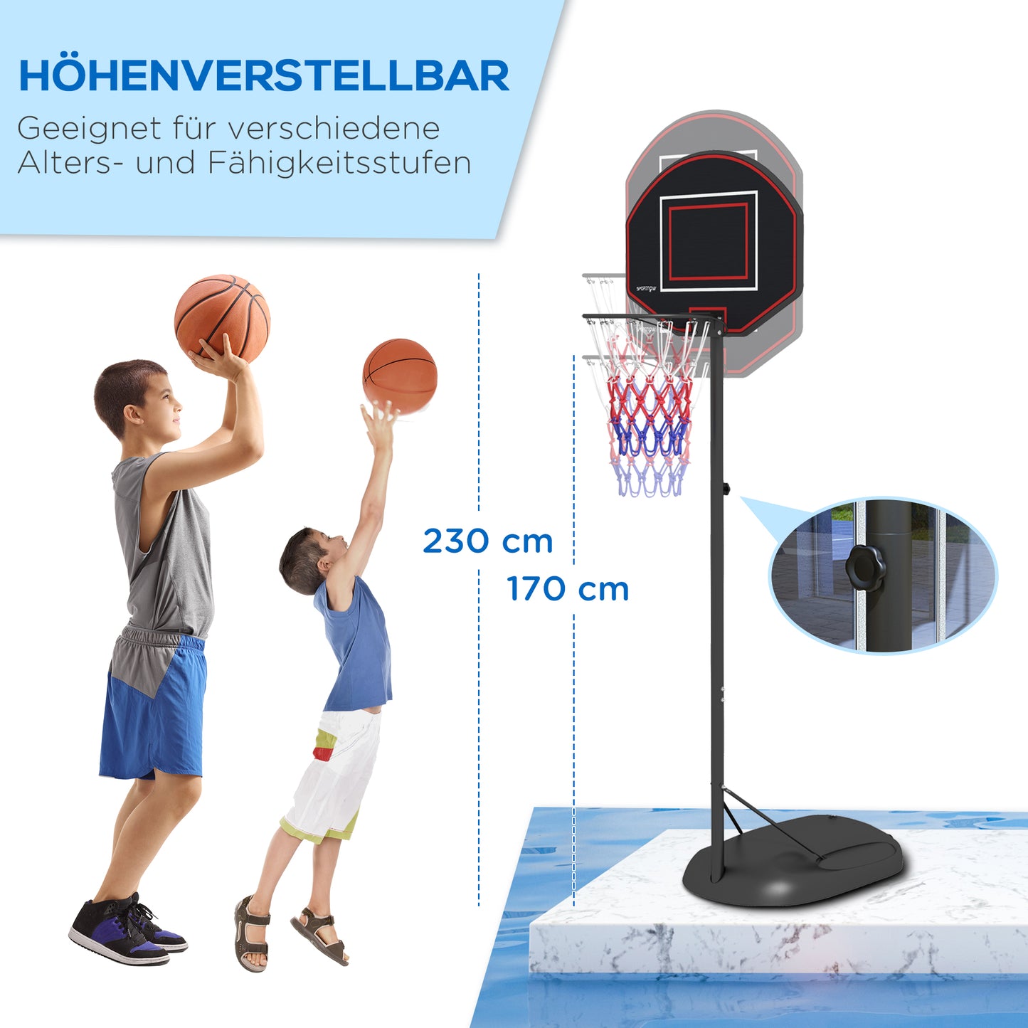 SPORTNOW Basketballständer، höhenverstellbar، قوي، 1,7-2,3 م Korbhöhe، Stahlrahmen، Schwarz