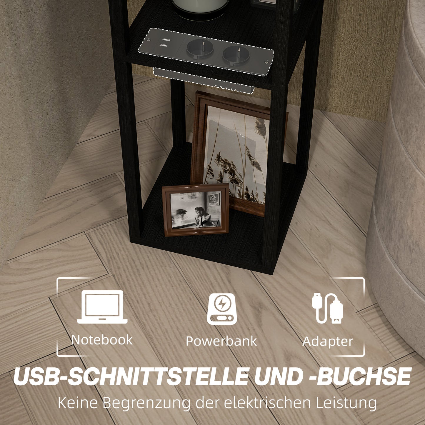 HOMCOM Stehlampe mit 3-stufigem Regal, Fußschalter, USB-Anschlüssen, MDF, Schwarz
