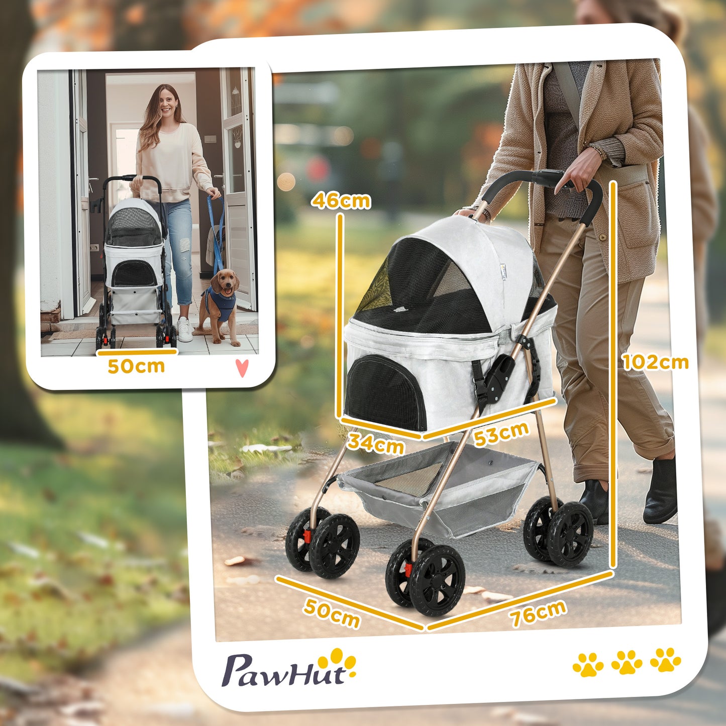 PawHut 3-in-1-Haustierkinderwagen, zusammenklappbarer Hundewagen mit 4 Rädern und abnehmbarer Trage für Hunde und Katzen, Grau