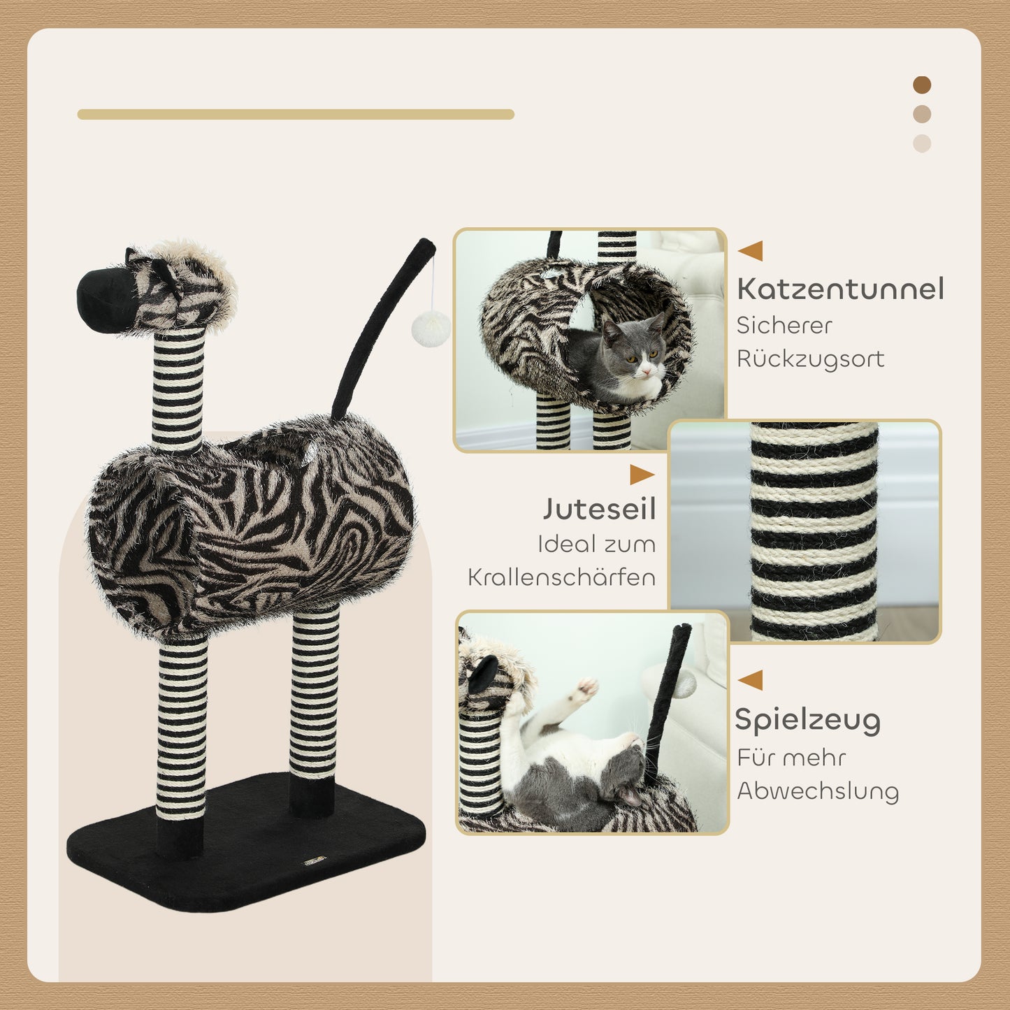 PawHut Kratzbaum im Zebra-Design, 1 Katzentunnel, 3 Kratzstämme 48,5 cm x 35 cm x 93 cm, Schwarz + Weiß