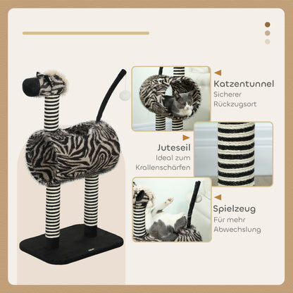 PawHut Kratzbaum im Zebra-Design, 1 Katzentunnel, 3 Kratzstämme 48,5 cm x 35 cm x 93 cm, Schwarz + Weiß