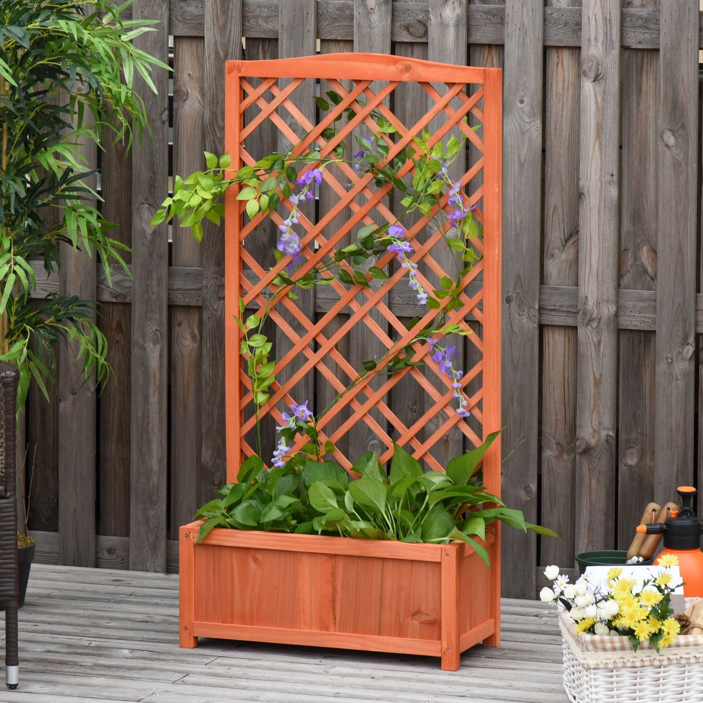 Outsunny Hochbeet Blumenständer Garten Pflanzkasten mit Rankgitter Holz Rankkasten Gelb 60 x 30 x 122,5 cm