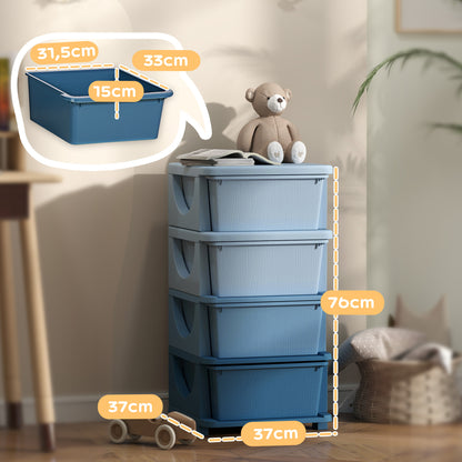 HOMCOM Aufbewahrungsboxen für Kinder, 4 Schubladen, abgerundete Kanten, erhöhtes Design, Kunststoff, Blau