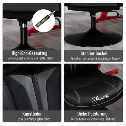 Vinsetto Gaming Stuhl ergonomischer Computerstuhl mit Wippfunktion Drehstuhl höhenverstellbar Stahl Schwarz+Grau 67 x 70 x 106-112 cm
