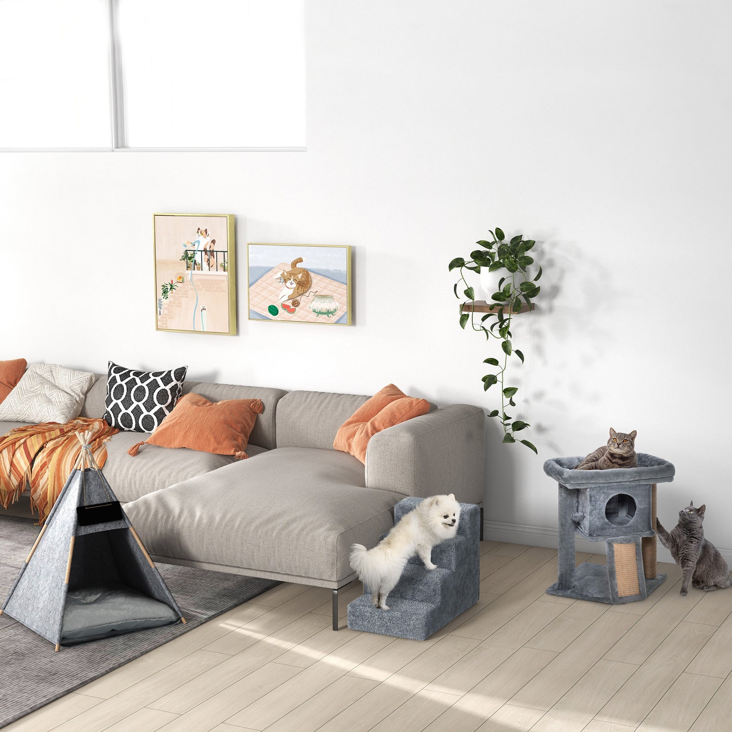 PawHut Kratzbaum 57 سم Kleiner Katzenbaum mit Katzenhöhle، Liegeplattform، Katzenkratzbaum mit Kratzbrett، Spielball، Katzenmöbel für Katzen bis 5 كجم Hellgrau
