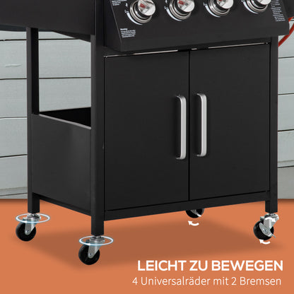 Outsunny Gasgrill BBQ mit 3 Brennern je 3 kw mobiler Grillwagen mit 4 Rädern Grillnetz Seitentischen Druckminderer Schläuche Schrank Multifunktion Metall Schwarz 132,4cm x 55cm x 109cm