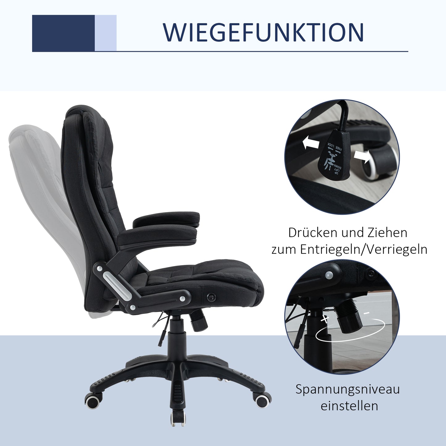 Vinsetto Bürostuhl Computerstuhl entspanntes Hinlegen höhenverstellbarer Schreibtischstuhl ergonomisch 360° Schaumstoff Kunststoff-Kunststoff leinenartiges Polyester Schwarz 65 x 72 x 100-120 cm