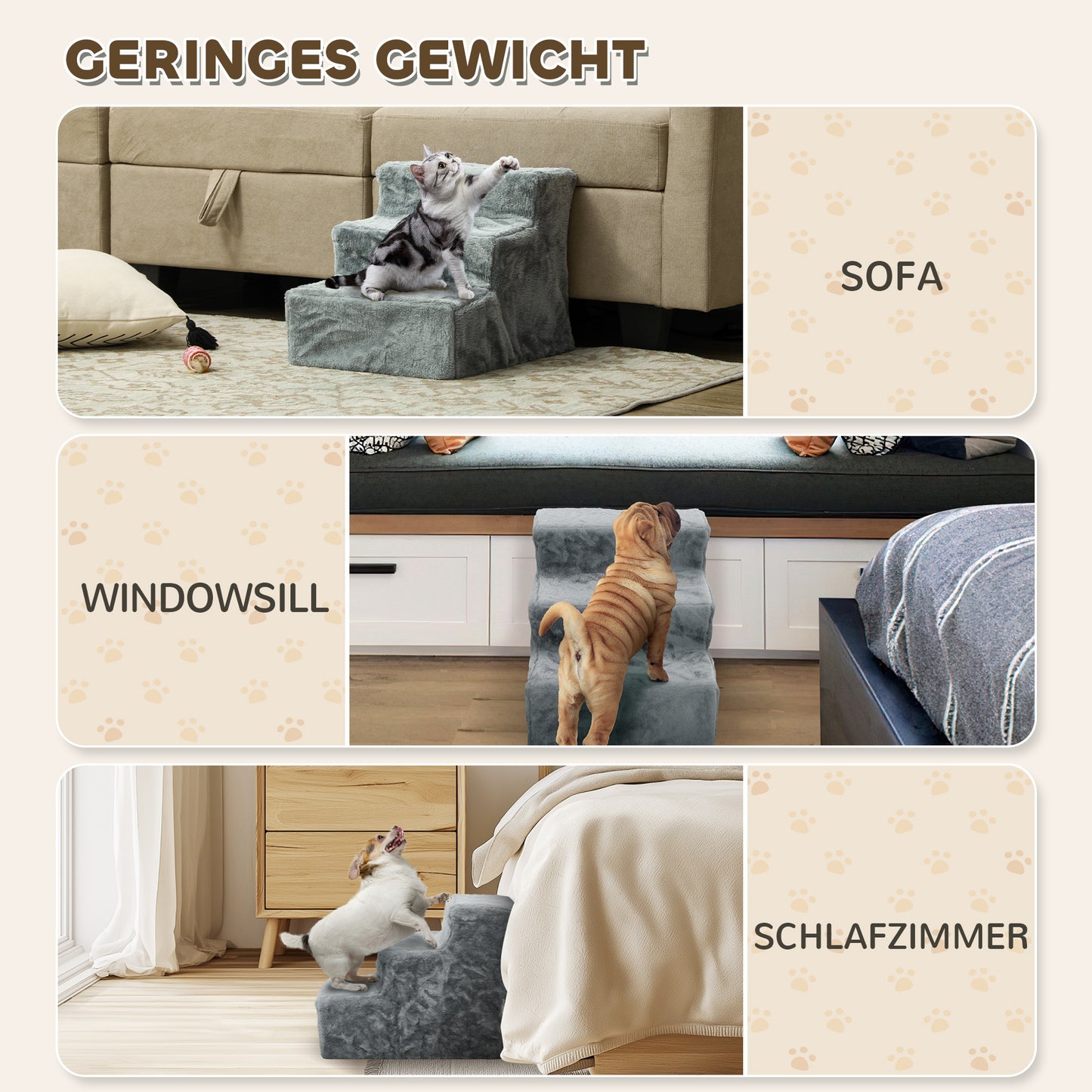 PawHut Faltbare Haustiertreppe, 3 Stufen, waschbarer Plüschbezug, Spanplatte, 46 x 35 x 35 cm, Hellgrau