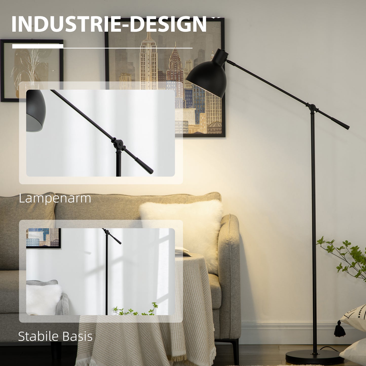HOMCOM Stehleuchte im Industriedesign, höhenverstellbar, Bodenschalter; 30 m x 30 cm x 131 cm, Schwarz