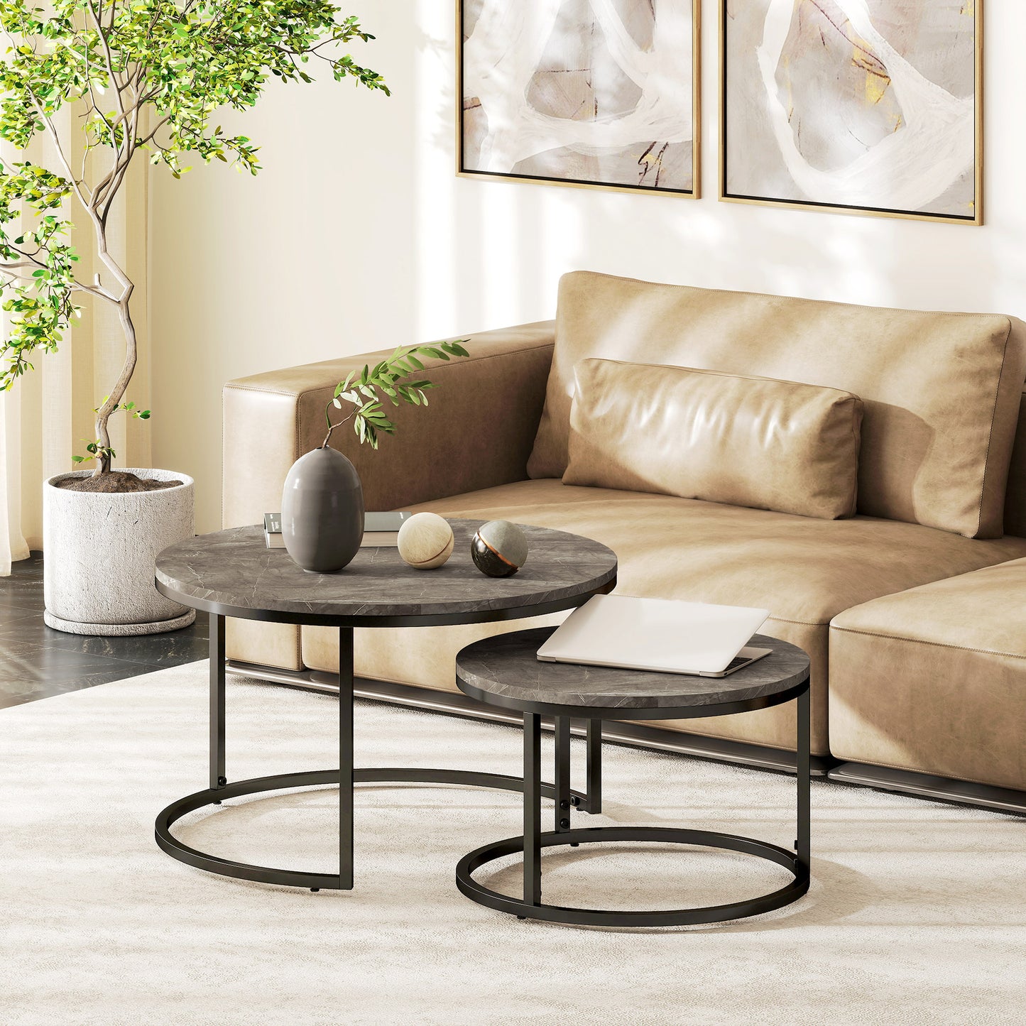 HOMCOM 2er-Set runde Couchtische، stapelbare Beistelltische mit Metallrahmen، Wohnzimmertisch في Marmoroptik، Kaffeetisch، Grau
