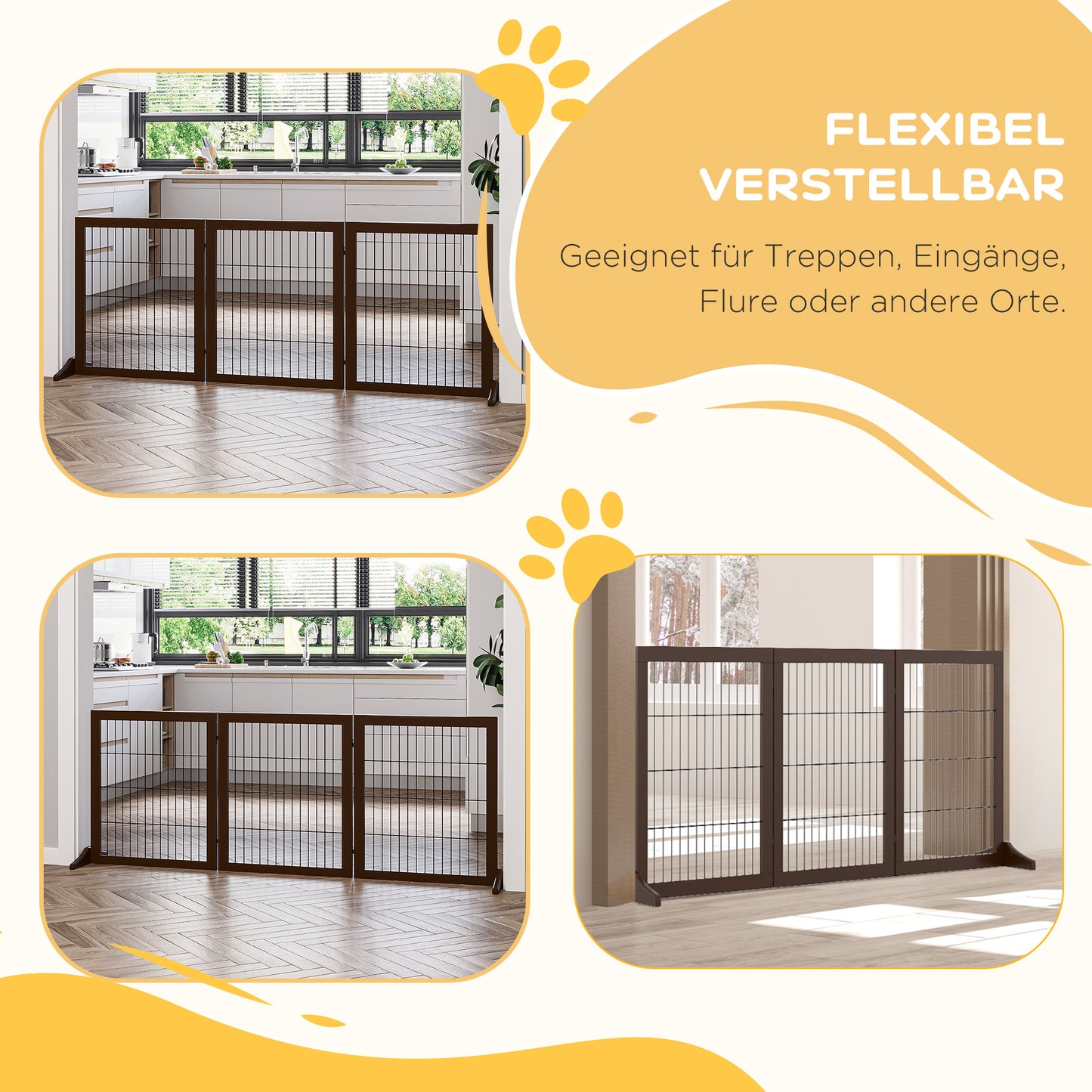 PawHut Absperrgitter Hund Freistehendes Schutzgitter mit Füßen 185 x 71 cm Holz Hundegitter Treppenschutzgitter Treppengitter Hundeabsperrgitter für Treppen, Türen, Küche, Flur, 3 Paneelen, Braun