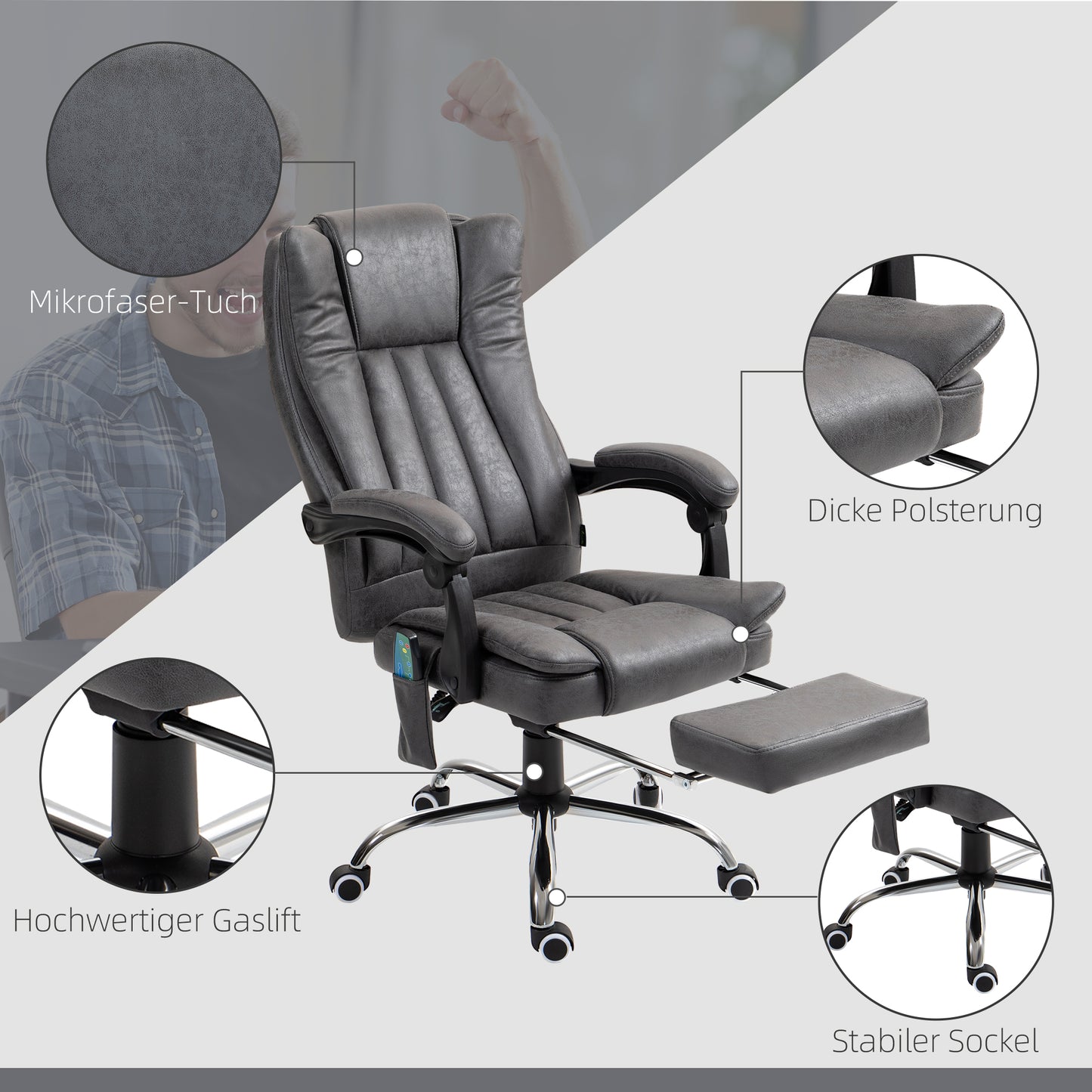 Vinsetto Chefsessel mit Massage- und Wärmefunktion، Fußstütze، verstellbar، مكرر 120 كجم، غراو