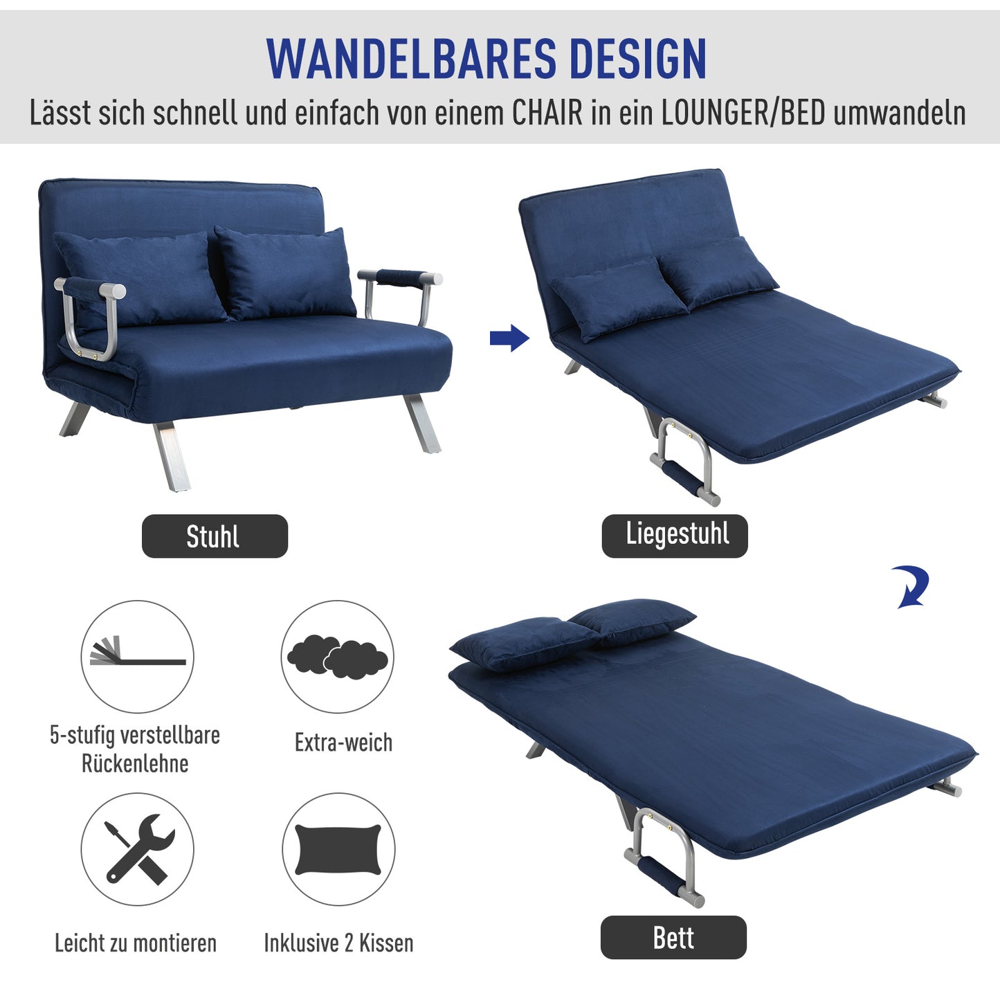HOMCOM Schlafsofa, 5-fach verstellbar, Wildlederimitat, Metallrahmen, inkl. Kissen, Marineblau