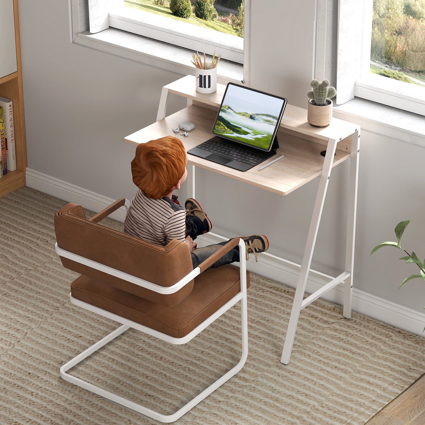 HOMCOM Schreibtisch, Computertisch mit Ablage und Kabel Management, moderner Schreibtisch mit Metallgestell für Arbeitszimmer, Schlafzimmer, Home Office, 84 x 45 x 85 cm, Weiß+Eiche