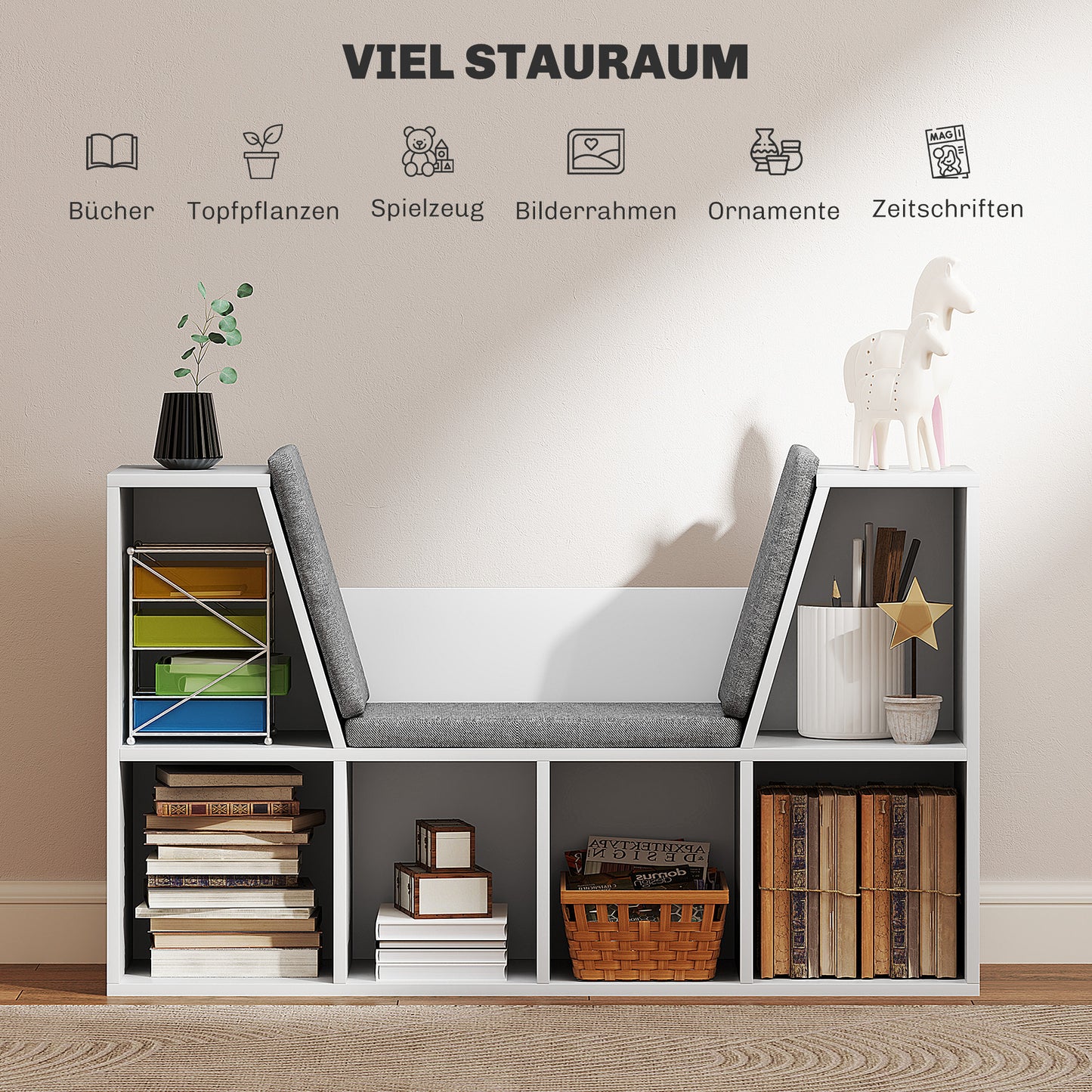 HOMCOM Bücherregal mit Sitzfläche, 6 Fächer, gepolstert, 105 x 30 x 63 cm, Weiß