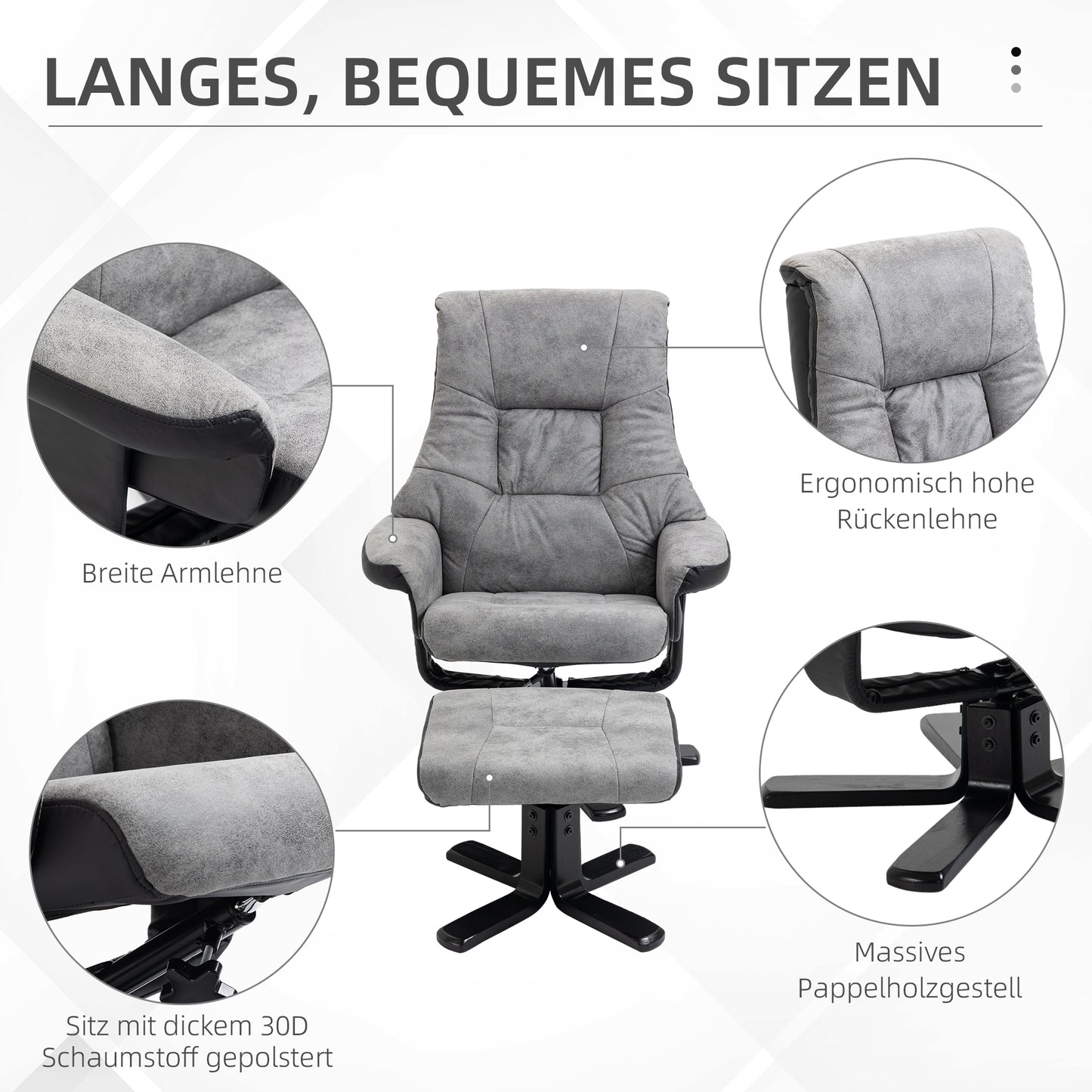 HOMCOM Relaxsessel mit Hocker, 360° drehbar, 135° neigbar, atmungsaktiver Bezug, 78 x 82,5 x 109 cm, grau