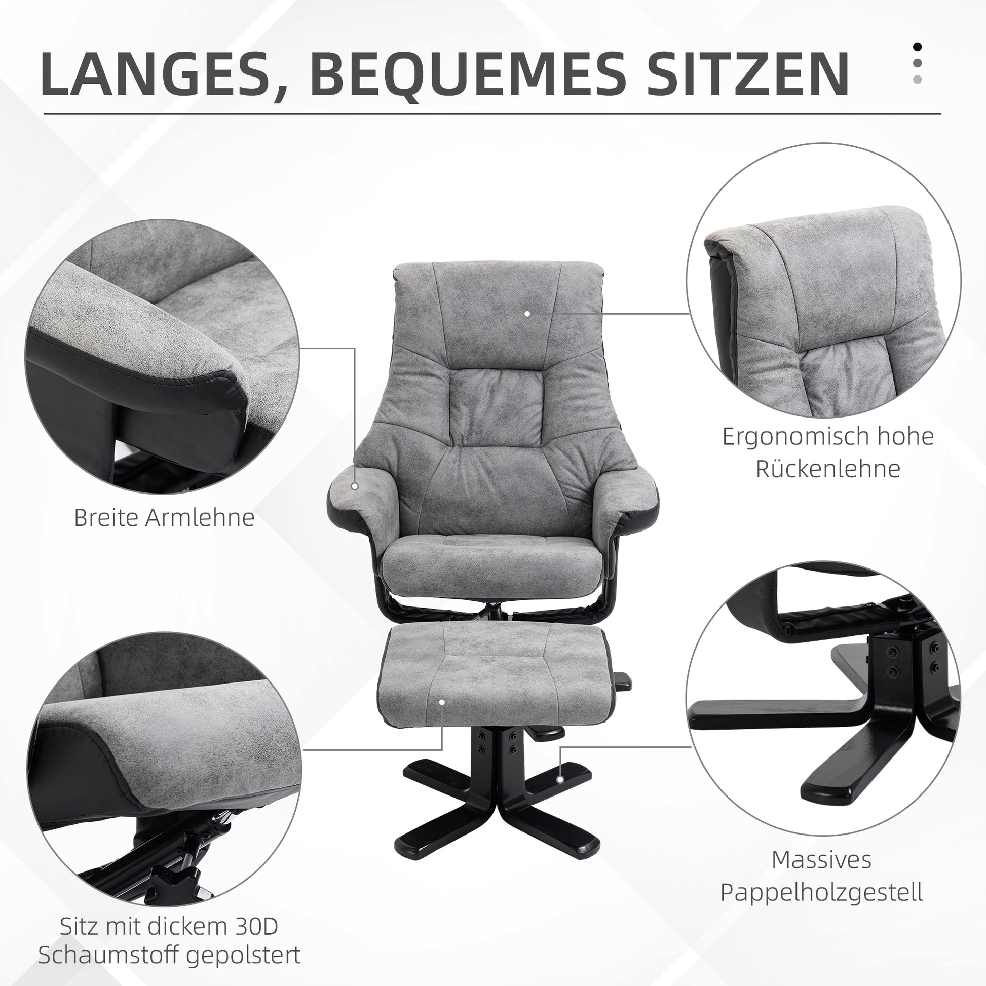 HOMCOM Relaxsessel mit Hocker, 360° drehbar, 135° neigbar, atmungsaktiver Bezug, 78 x 82,5 x 109 cm, grau