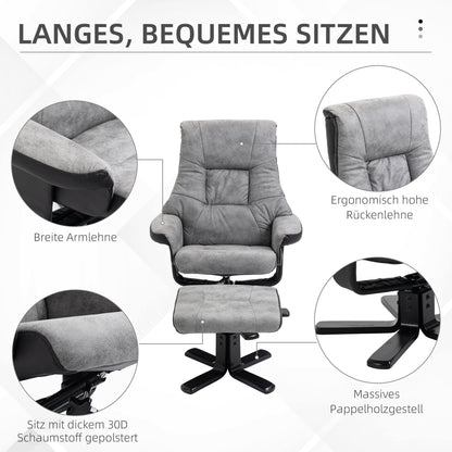 HOMCOM Relaxsessel mit Hocker, 360° drehbar, 135° neigbar, atmungsaktiver Bezug, 78 x 82,5 x 109 cm, grau