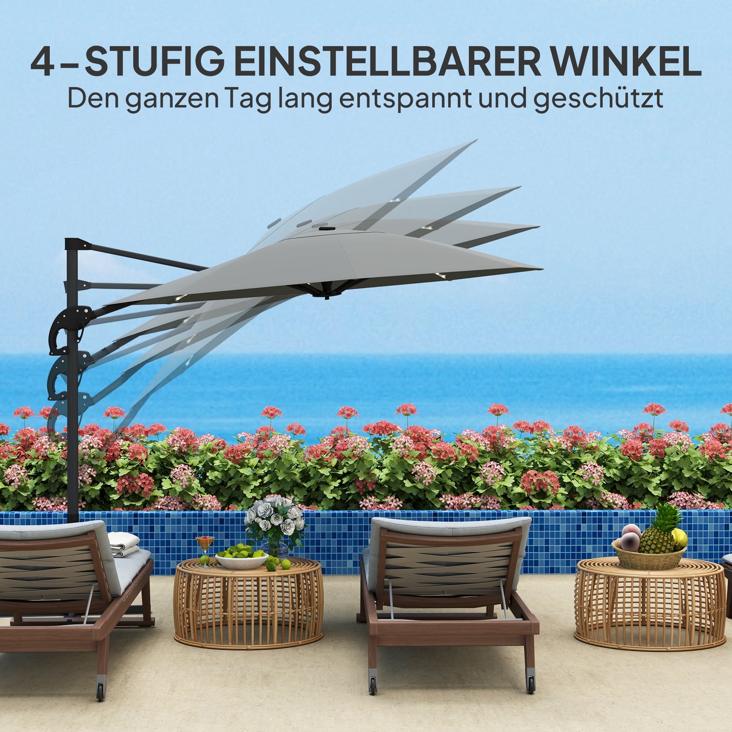 Outsunny Alu Ampelschirm LED Solar Ø300 cm höhenverstellbar Sonnenschirm mit Kurbel Ständer UV50+ Dunkelgrau