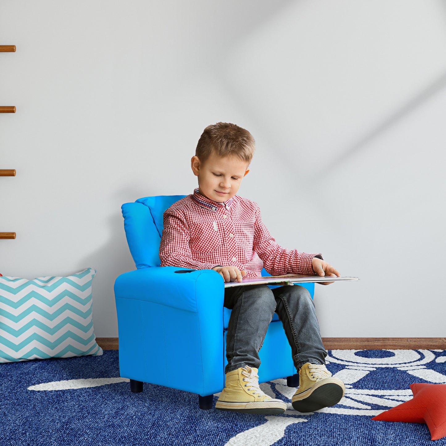 HOMCOM Kindersessel mit neigbarer Rücklehne 62 x 52 x 69cm Massivholzrahmen Blau