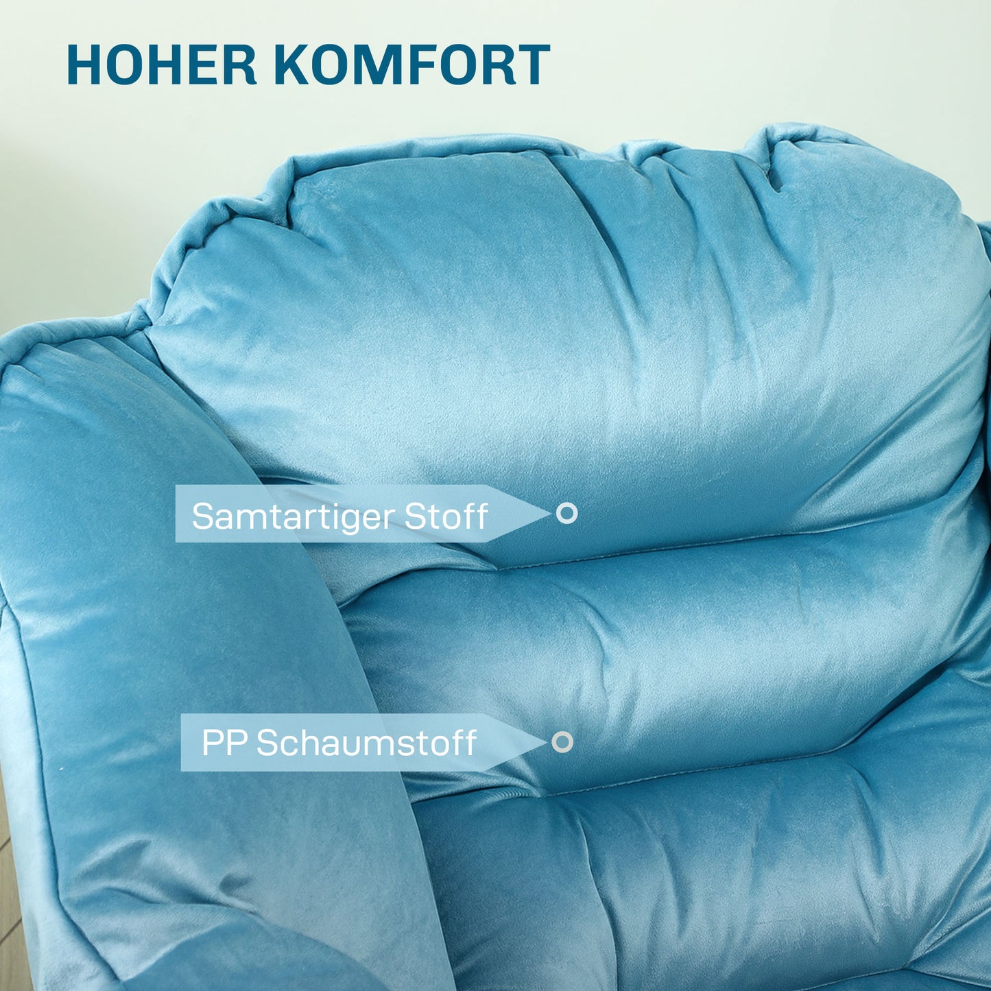 HOMCOM Moderner Akzentstuhl, Polsterstuhl mit Stahlbeinen und Seitentaschen, für Wohnzimmer, Schlafzimmer, Blau