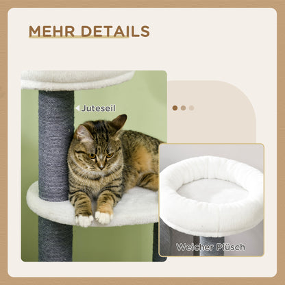 PawHut Kratzbaum mit 1 Katzenhöhle, 1 Katzenbett, 2 Plattformen, Jute-Seilspfosten, Weiß + Grau
