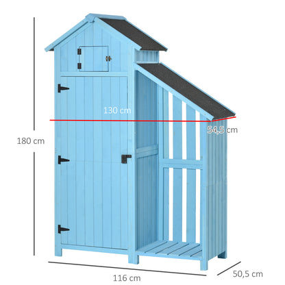 Outsunny Gartenhaus Gerätehaus Geräteschuppen mit Brennholzlagerraum Geräteschuppen mit 3 Ablagen Asphaltdach Tannenholz Himmelblau 130 x 54,5 x 180 cm