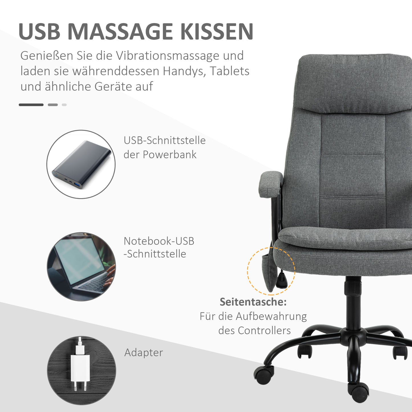Vinsetto Bürostuhl Massage höhenverstellbarer Chefsessel Gamingstuhl mit Massagefunktion, ergonomischer Drehstuhl Massage Sessel Lendenwirbelsäulenmassage Leinen-Gefühl Grau 63 x 70 x 112-121 cm