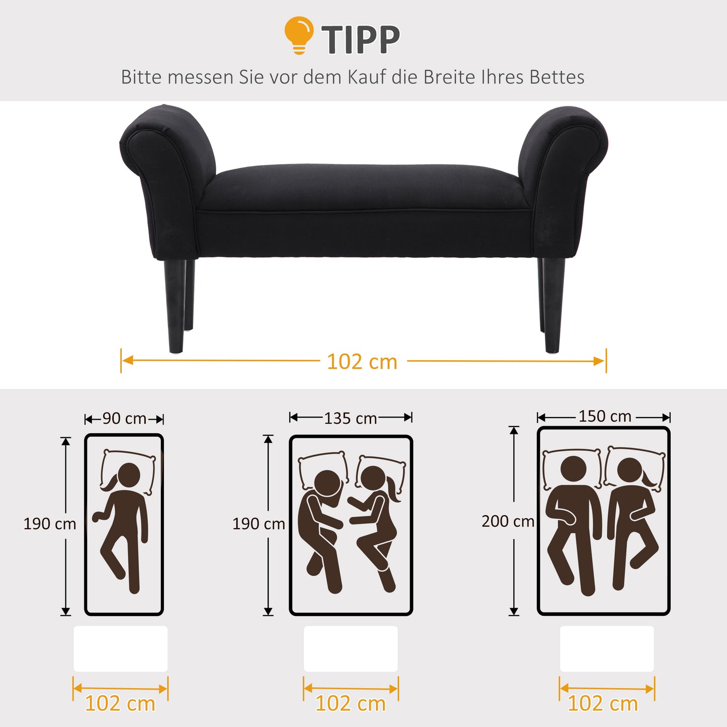 HOMCOM Sitzbank, Bettbank, zeitloses Design, weiche Polsterung, bis 130 kg, schwarz, 102 x 36 x 51 cm