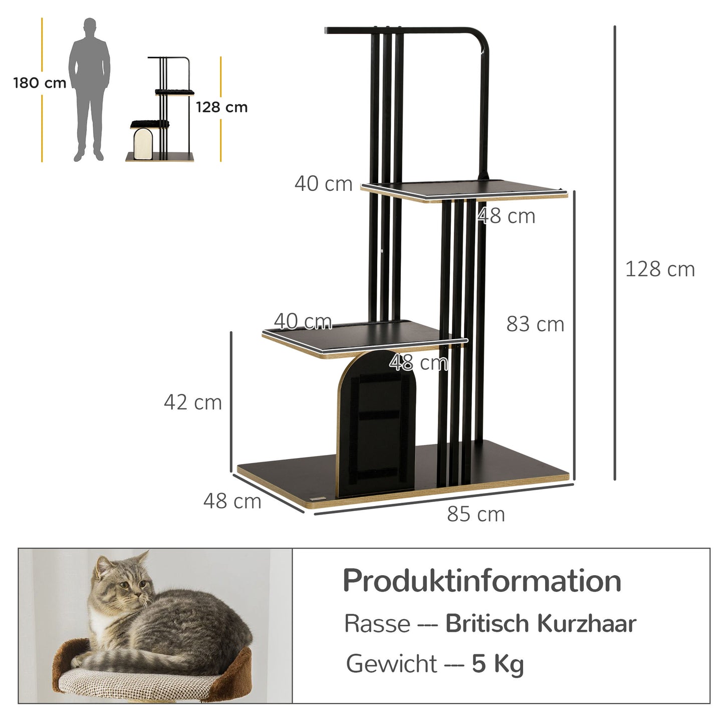 PawHut Kratzbaum, Industrial Design, 2 Plattformen, 2 Liegekissen, Kratzwand, Stahlrahmen, schwarz, 85 x 48 x 128 cm