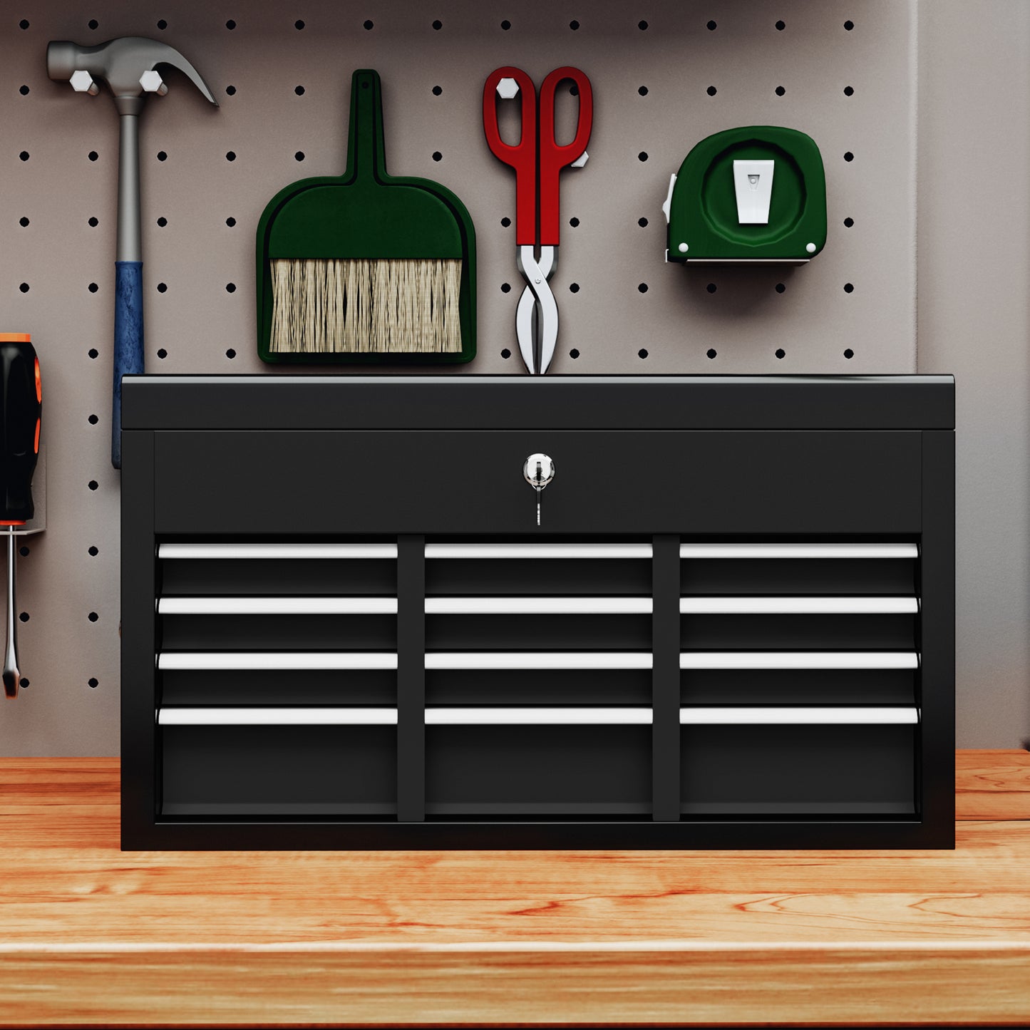 HOMCOM Werkzeugkiste, abschließbar, 3 Schubladen, Stahlgehäuse, 60x26x34cm, Schwarz