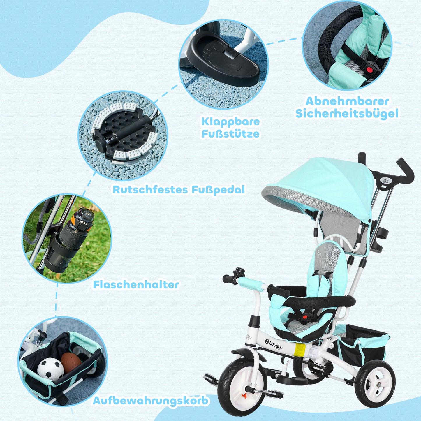 HOMCOM 6-in-1 Kinderdreirad mit Schiebestange, Dach, Gurt, Ablagekorb, für 1-5 Jahre, Grün