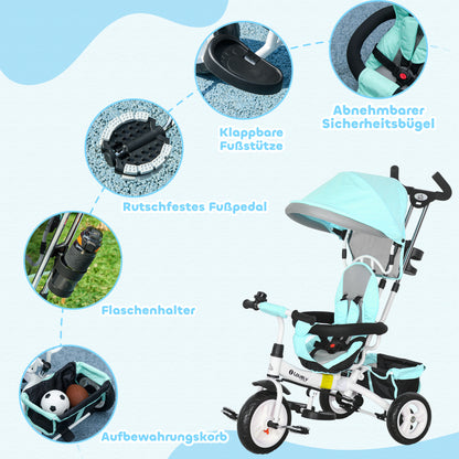 HOMCOM 6-in-1 Kinderdreirad mit Schiebestange, Dach, Gurt, Ablagekorb, für 1-5 Jahre, Grün